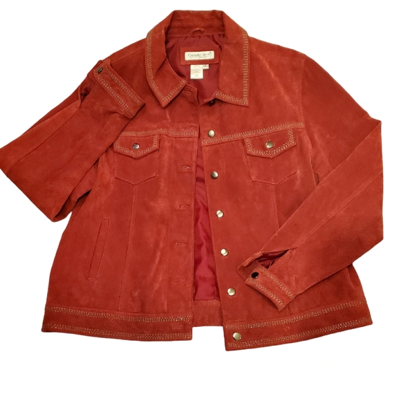 Coldwater creek Women's red suade leather jacket w/ beaded trim, size L - Picture 1 of 6